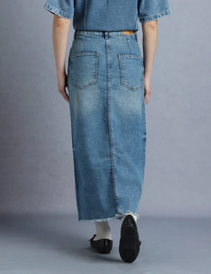 inkd Sky Why Women's Denim Skirt - Midi Skirt with Front Slit | Long Straight Fit Skirt for Women | Skirt for Woman for Women | Best Price UAE